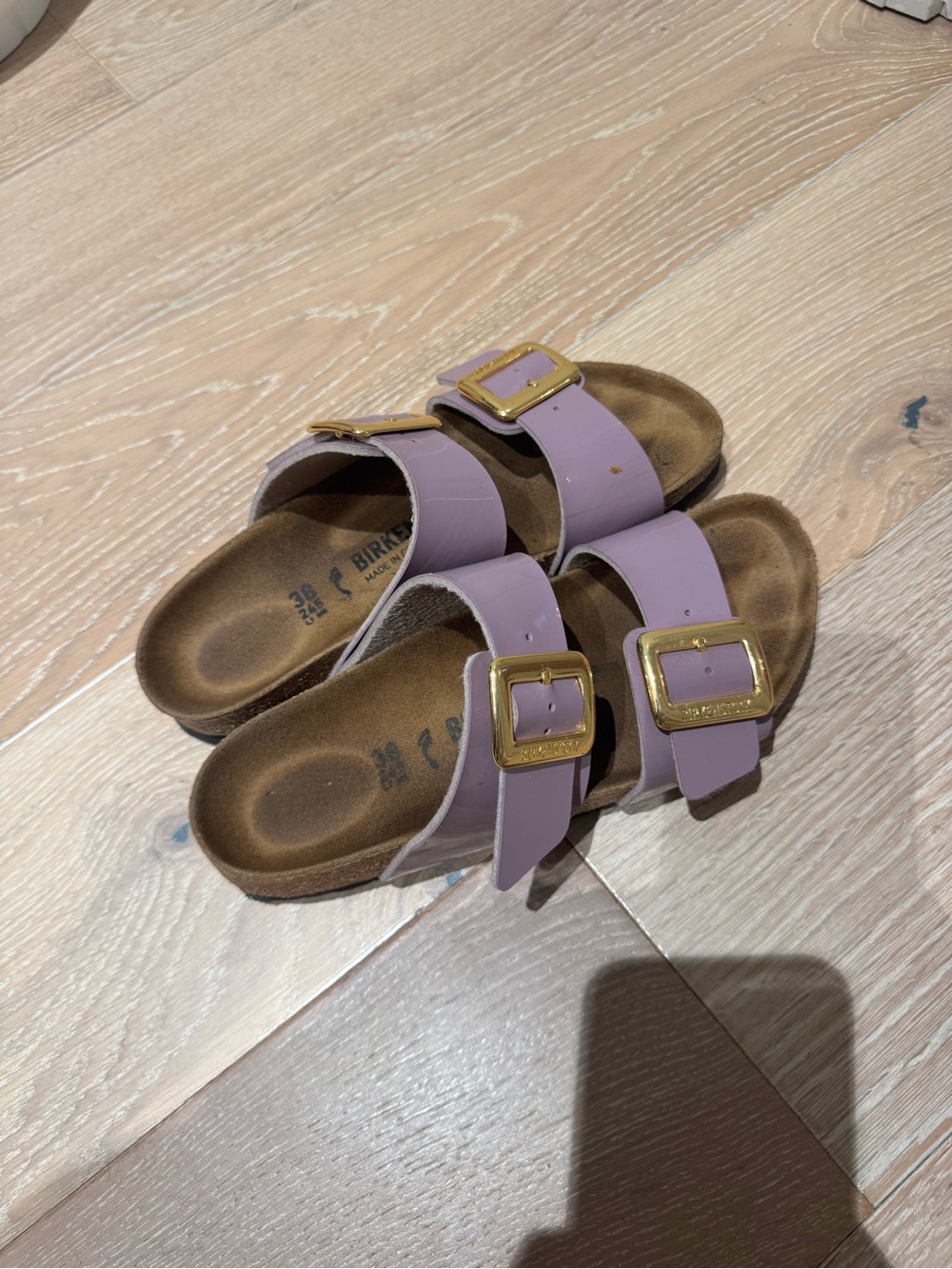 Birkenstock Double Strap Sandal in Light Purple with Gold Buckles